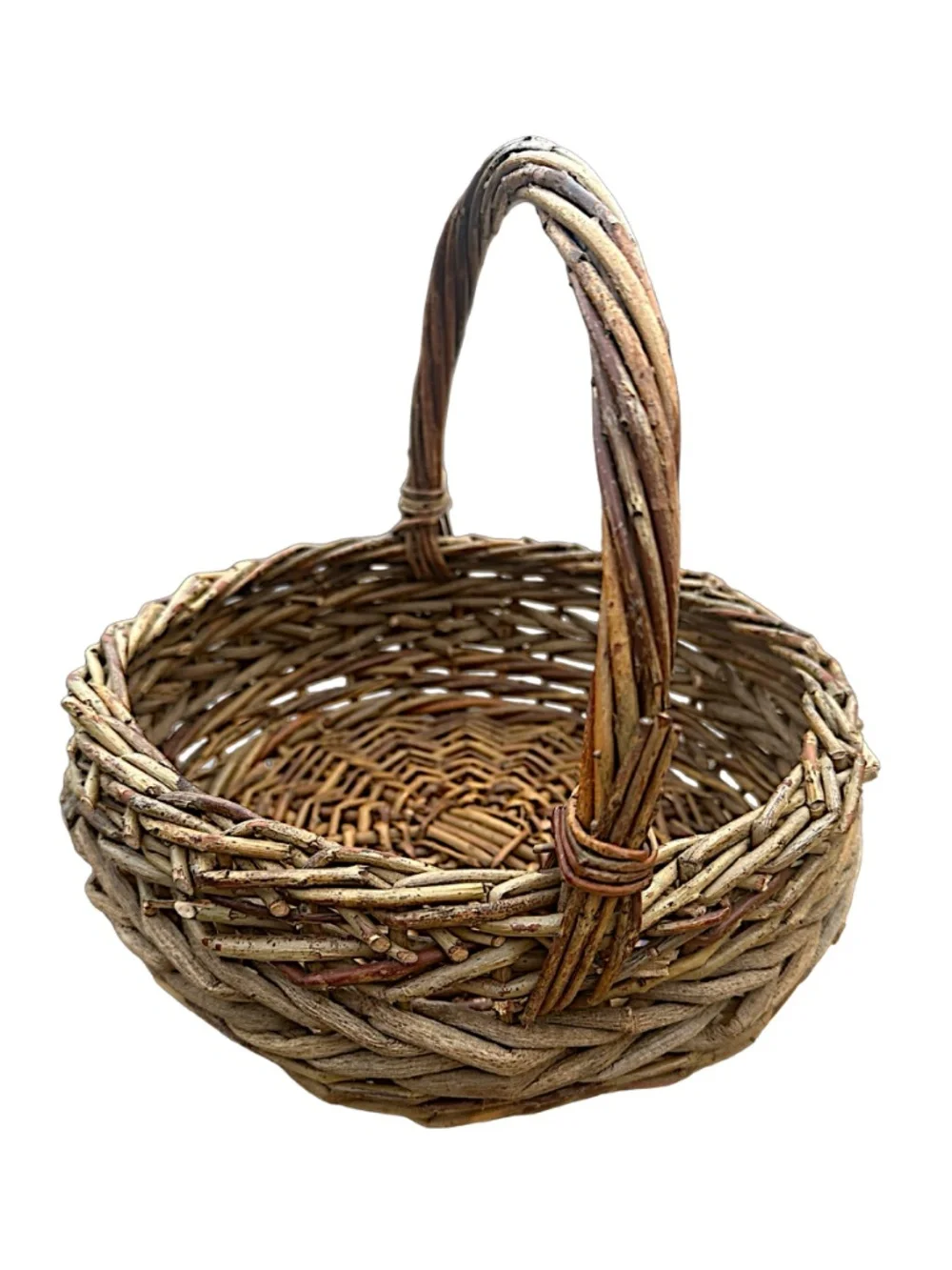 Vintage Hand Woven Wicker Basket 11” Handle Rustic Farmhouse Decor